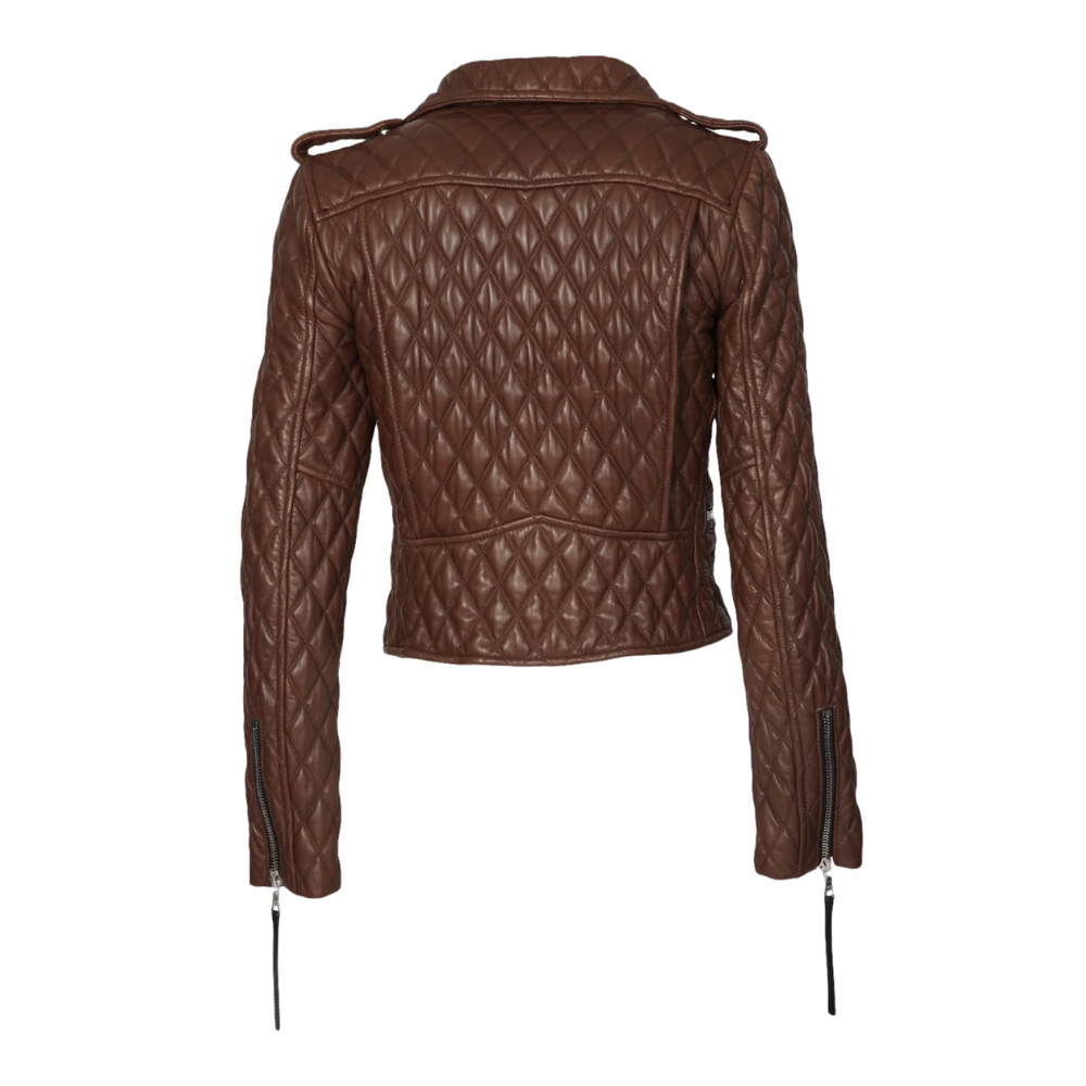Veste moto femme cuir brun matelassée