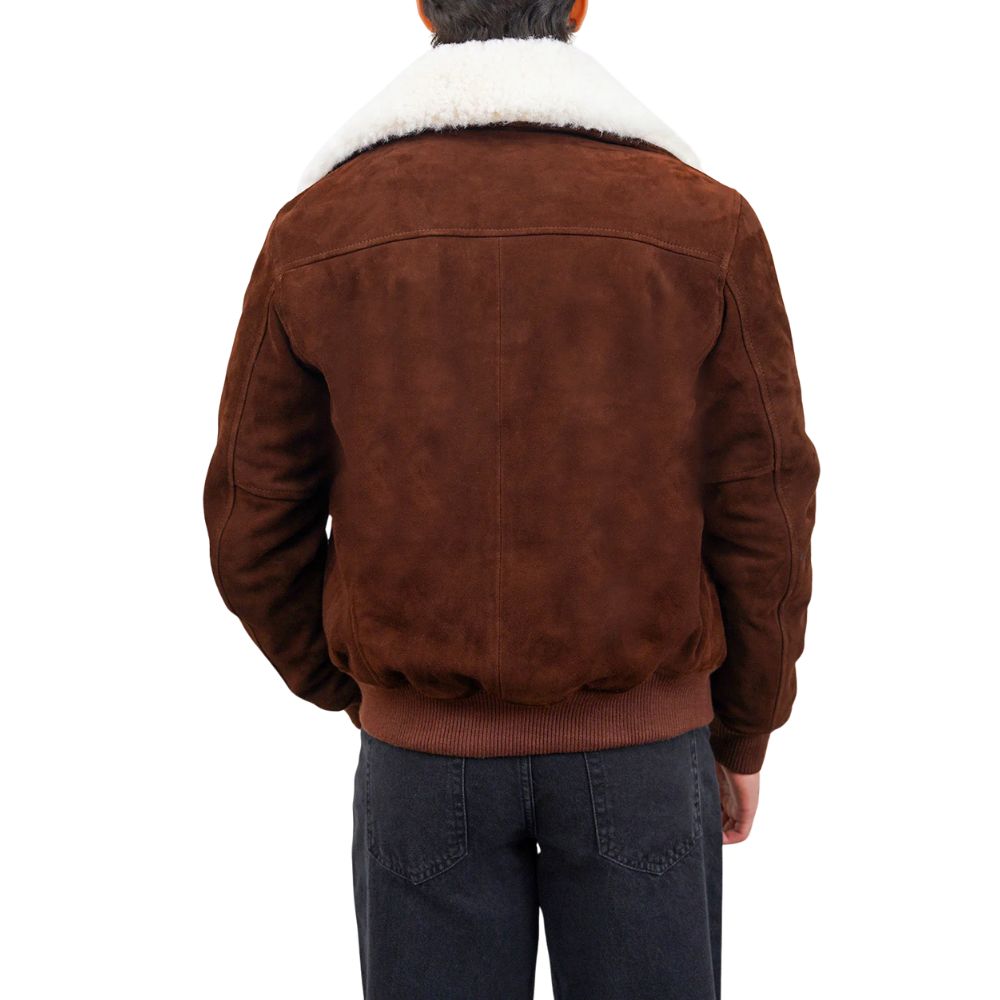 bombardier homme en suédé marron style hiver avec fourrure