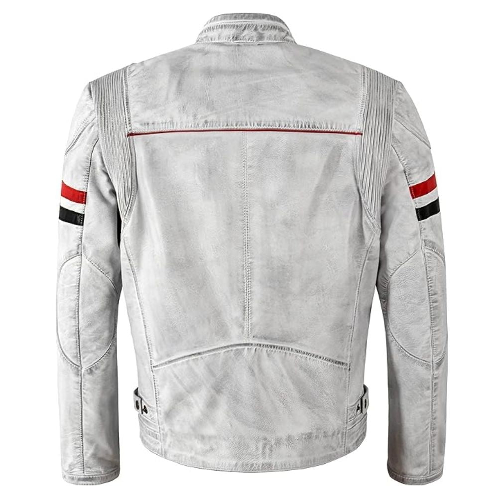 Veste motard cuir blanc vieilli avec bandes pour homme