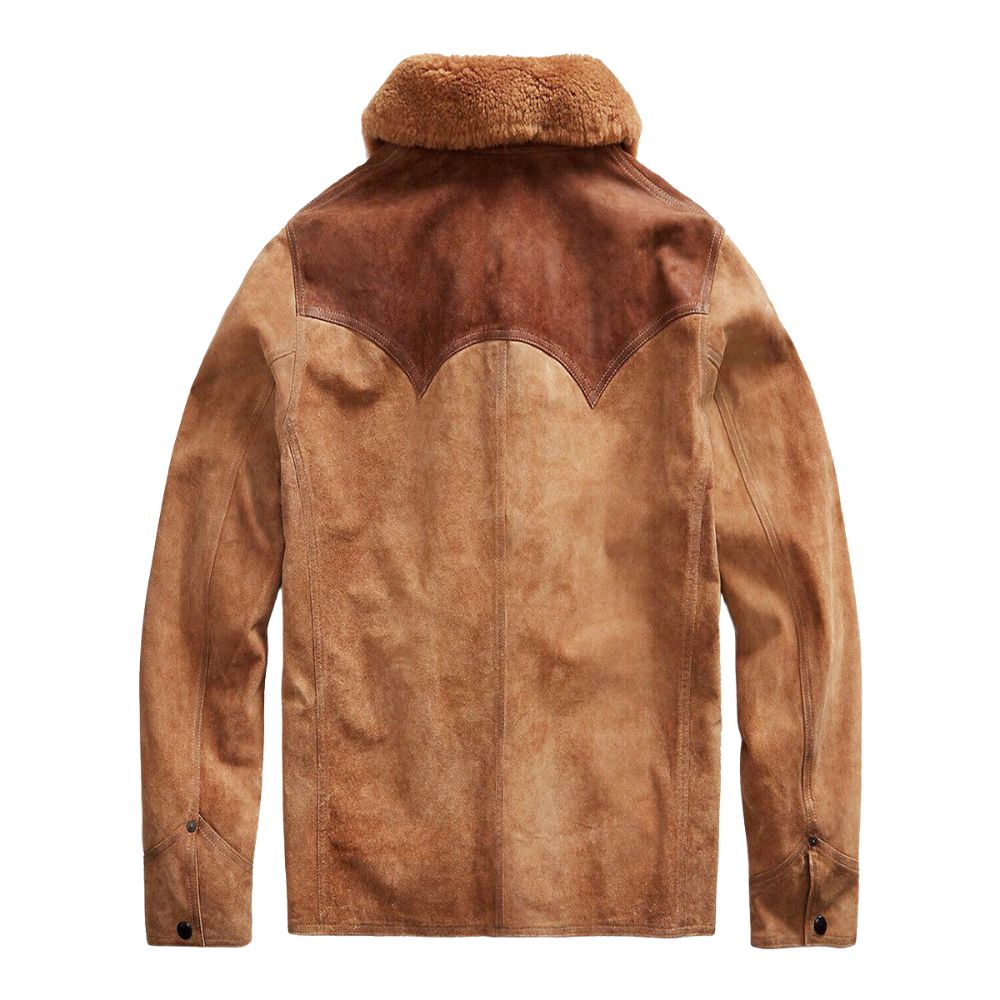 Veste cuir suédé marron homme inspiration occidentale avec col fourrure