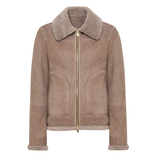Blouson en cuir marron doublé en peau de mouton fourrée