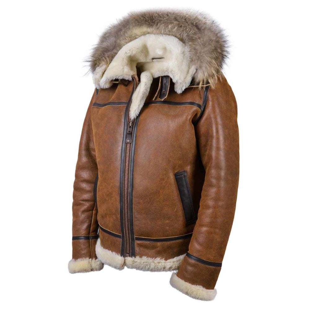 Blouson B3 style aviateur en cuir marron shearling avec capuche