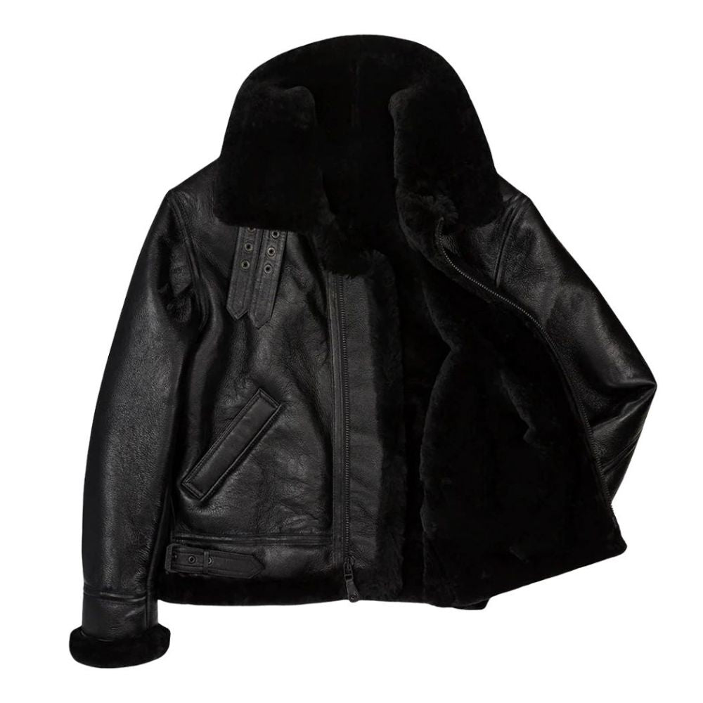 Blouson aviateur B3 en cuir de mouton noir avec mouton retourné