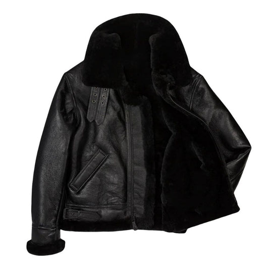 Blouson aviateur B3 en cuir de mouton noir avec mouton retourné