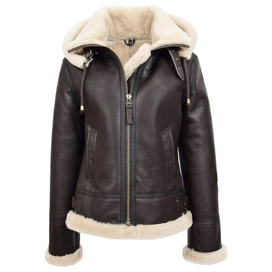 Blouson aviateur femme en shearling avec capuche pour l’hiver
