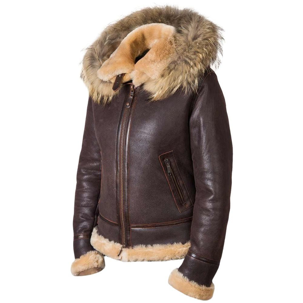 Blouson style aviateur en peau lainée et capuche en fourrure