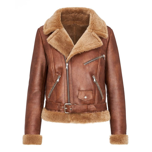 Veste bombardier en cuir mouton retourné style moto