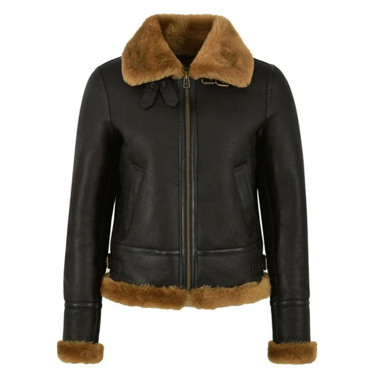 Blouson bomber en cuir noir doublé en peau de mouton
