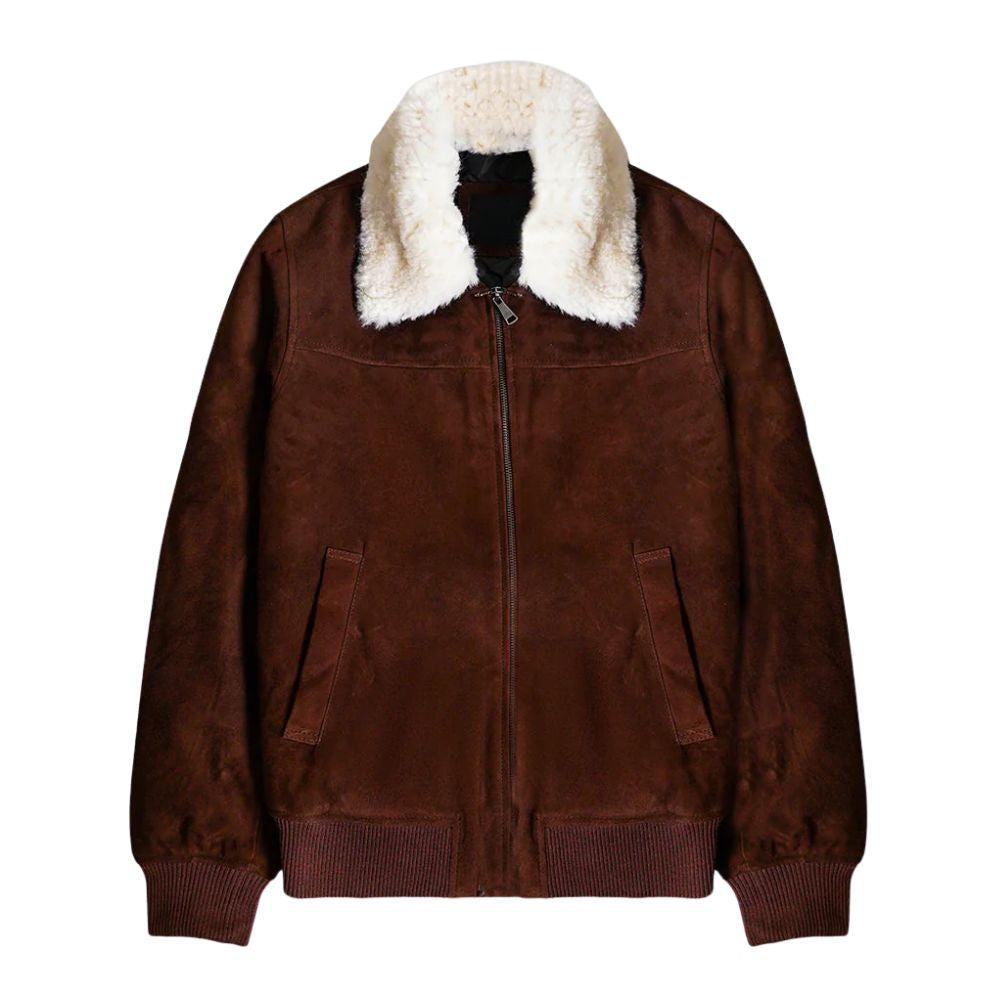 Blouson bomber homme suédé marron avec col en fourrure