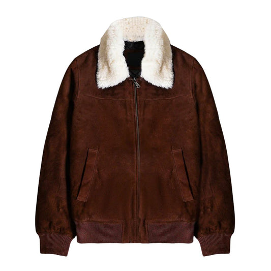 Blouson bomber homme suédé marron avec col en fourrure