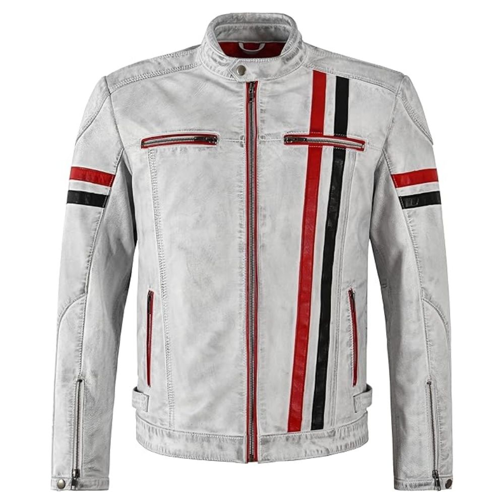 Veste moto homme cuir blanc rayé et vieilli