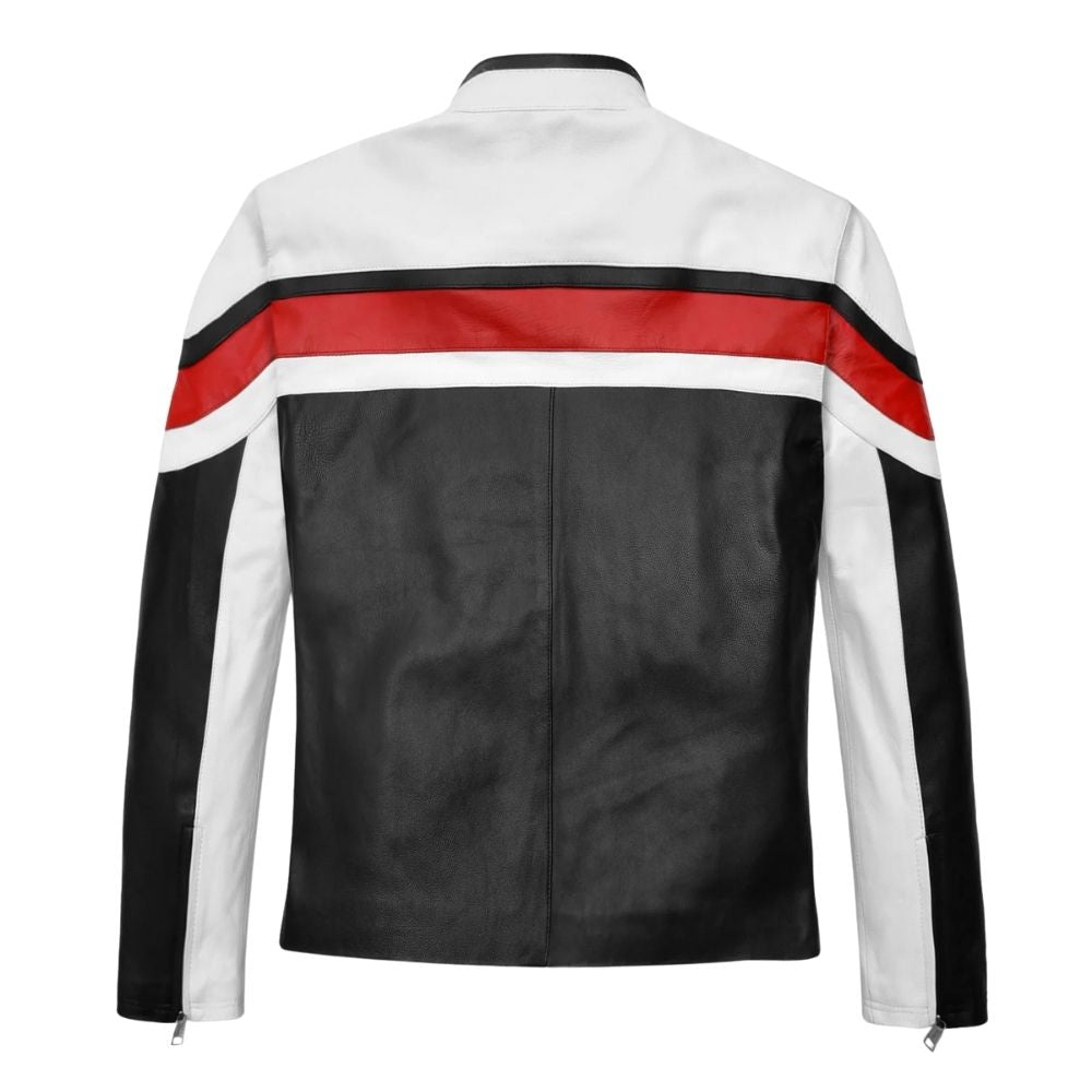 Blouson motard cuir blanc homme à bandes rouges
