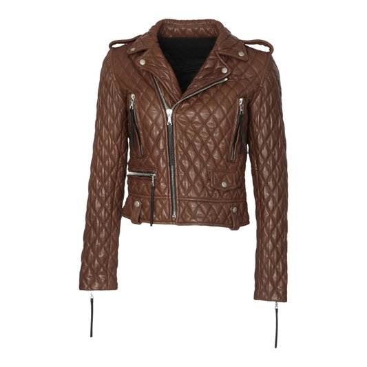 Veste femme cuir brun style motard matelassée