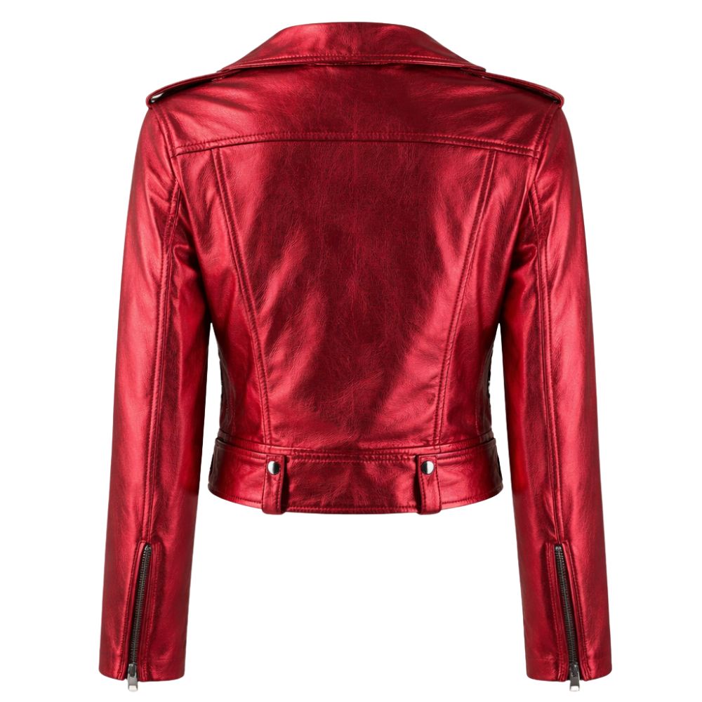 Veste moto cuir rouge femme moderne et brillante