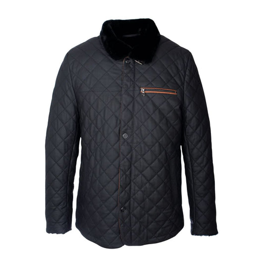 Blouson homme en cuir noir fourré et matelassé