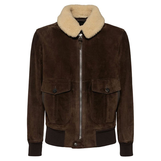 Veste bomber homme en suédé marron col fourrure
