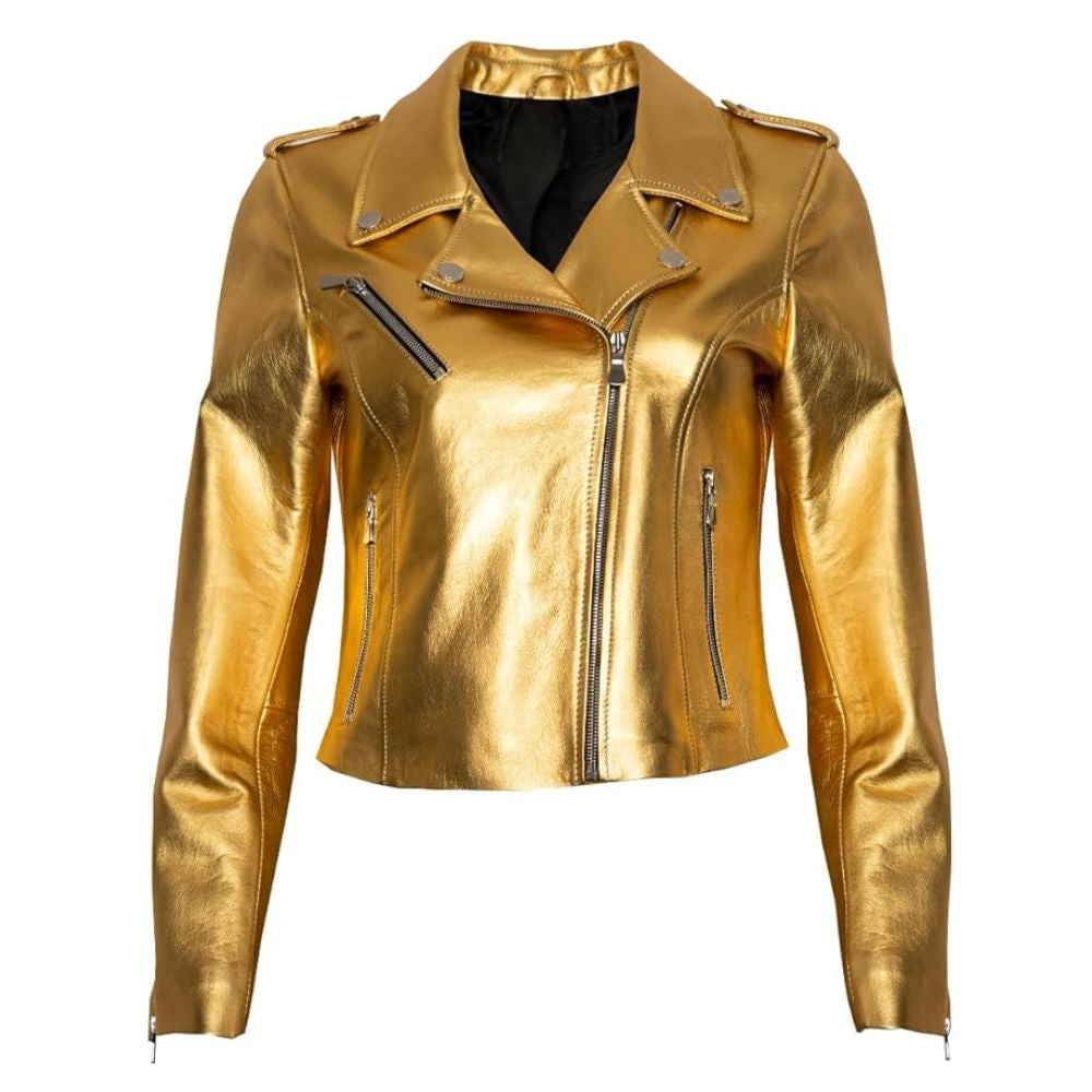 Blouson cuir doré métallisé pour femme style motard