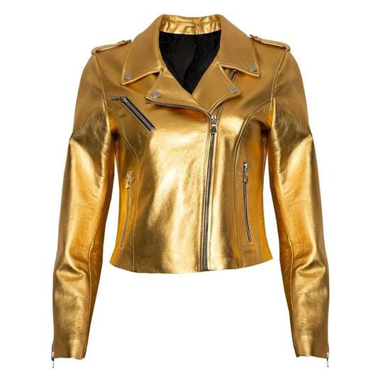 Blouson cuir doré métallisé pour femme style motard
