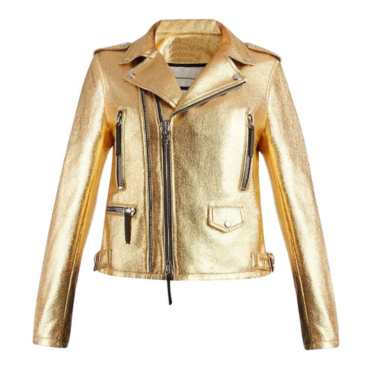 Veste femme style biker en cuir doré