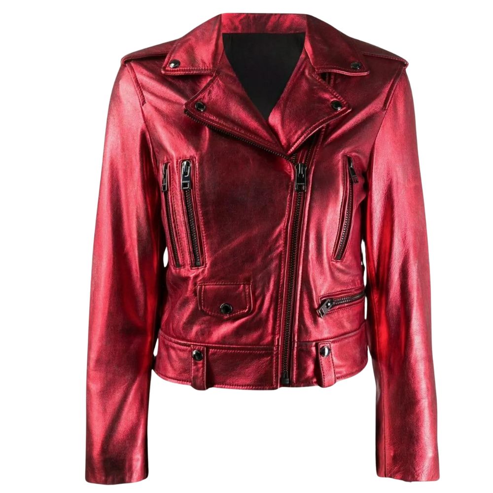 Blouson motarde femme cuir rouge brillant