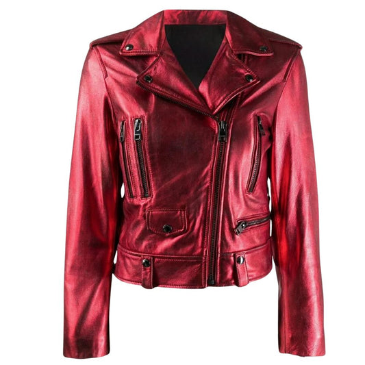 Blouson motarde femme cuir rouge brillant