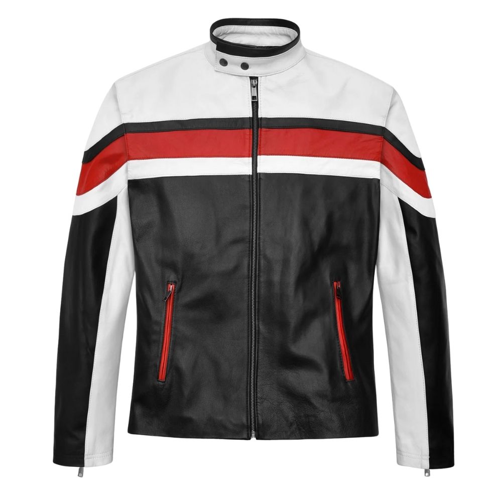 Veste motard homme cuir blanc bandes rouges