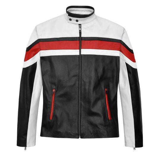 Veste motard homme cuir blanc bandes rouges