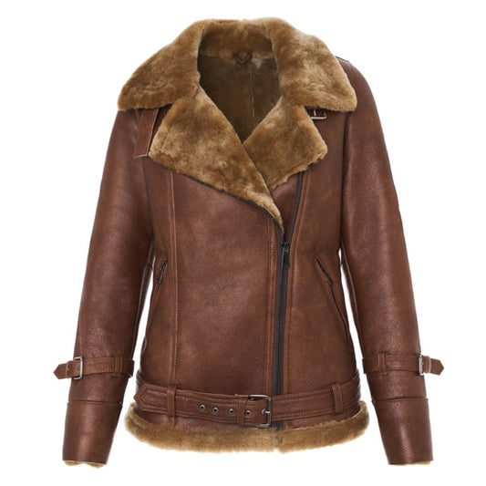 Blouson moto femme cuir marron intérieur mouton