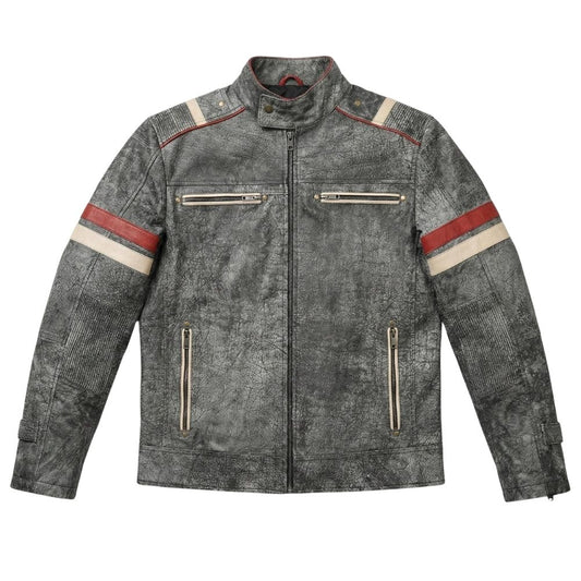 Blouson moto racer homme en cuir gris ancien