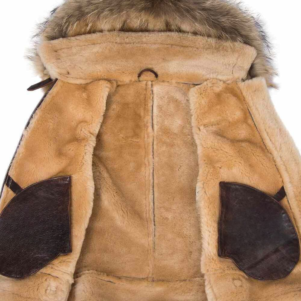 Veste aviateur peau lainée pour l’hiver avec capuche fourrure