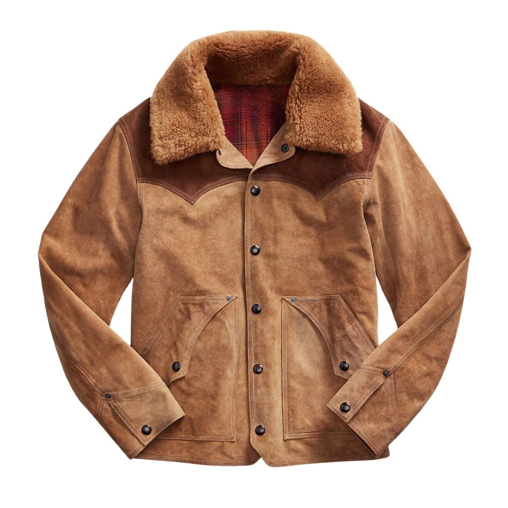 Blouson suédé marron pour homme style occidental avec fourrure