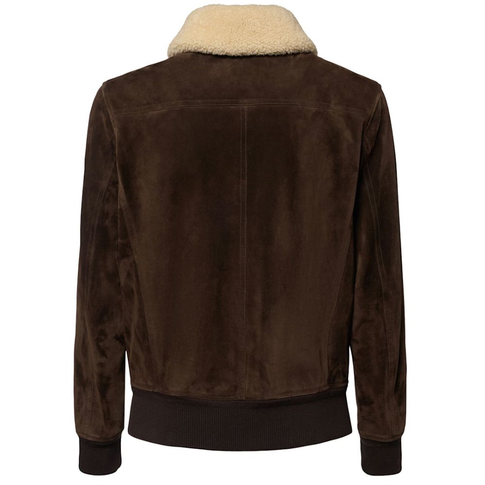 Veste bomber homme en suédé marron col fourrure