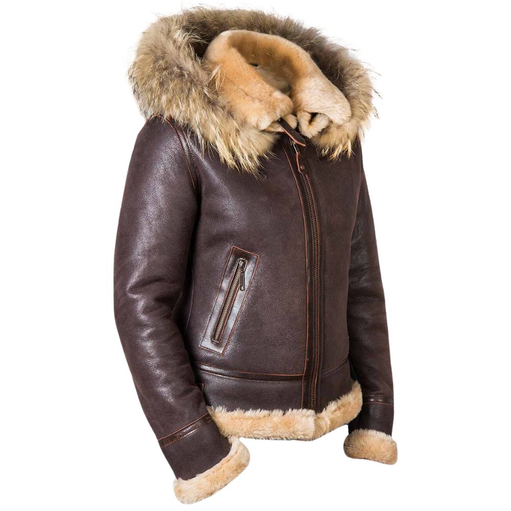 Veste aviateur en peau lainée doublée chaude avec capuche fourrure