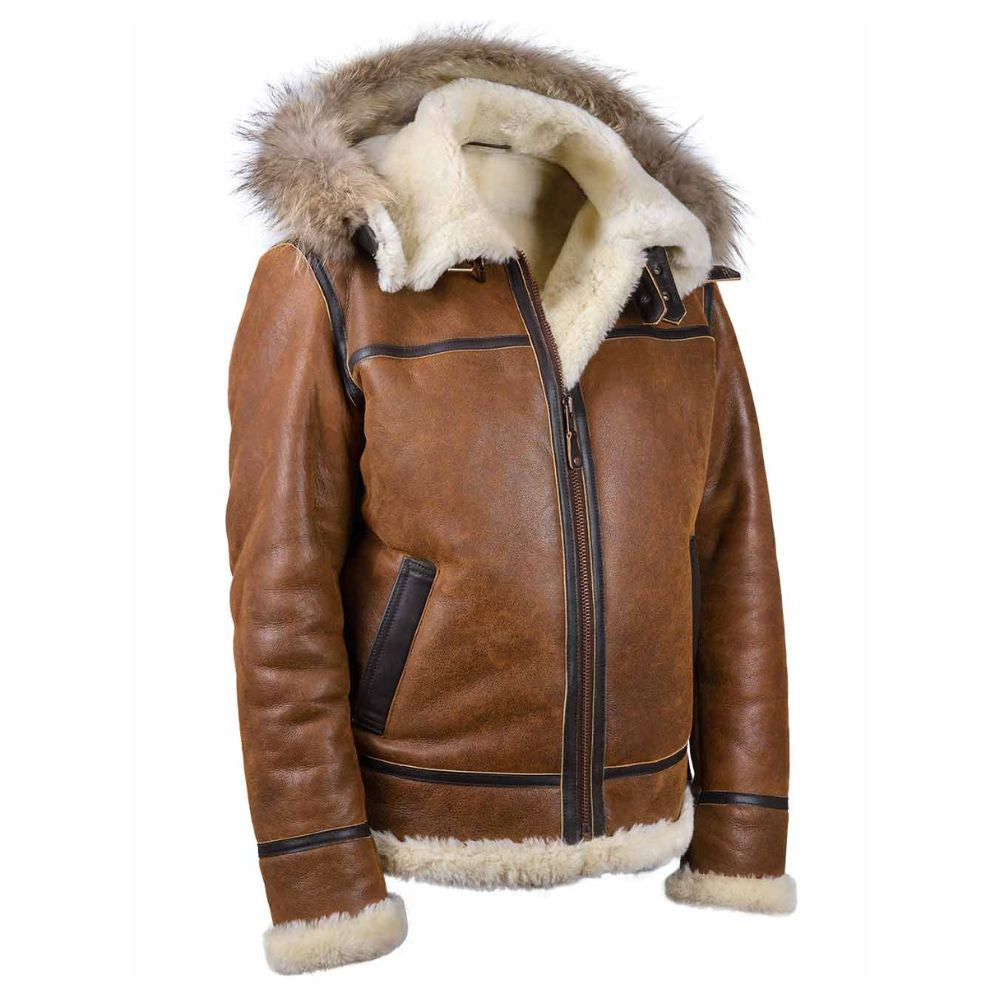 Blouson aviateur B3 en cuir marron avec shearling et capuche