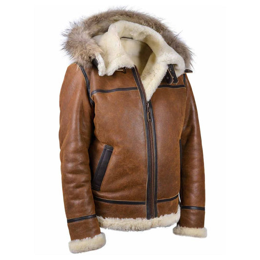 Blouson aviateur B3 en cuir marron avec shearling et capuche