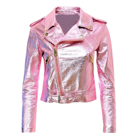 Blouson femme style motarde en cuir rose métallisé