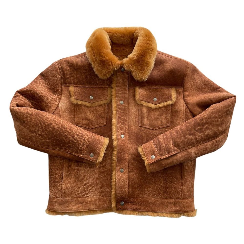 Veste camionneur homme en cuir de mouton avec col en fourrure