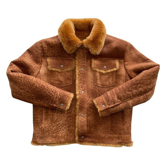 Veste camionneur homme en cuir de mouton avec col en fourrure