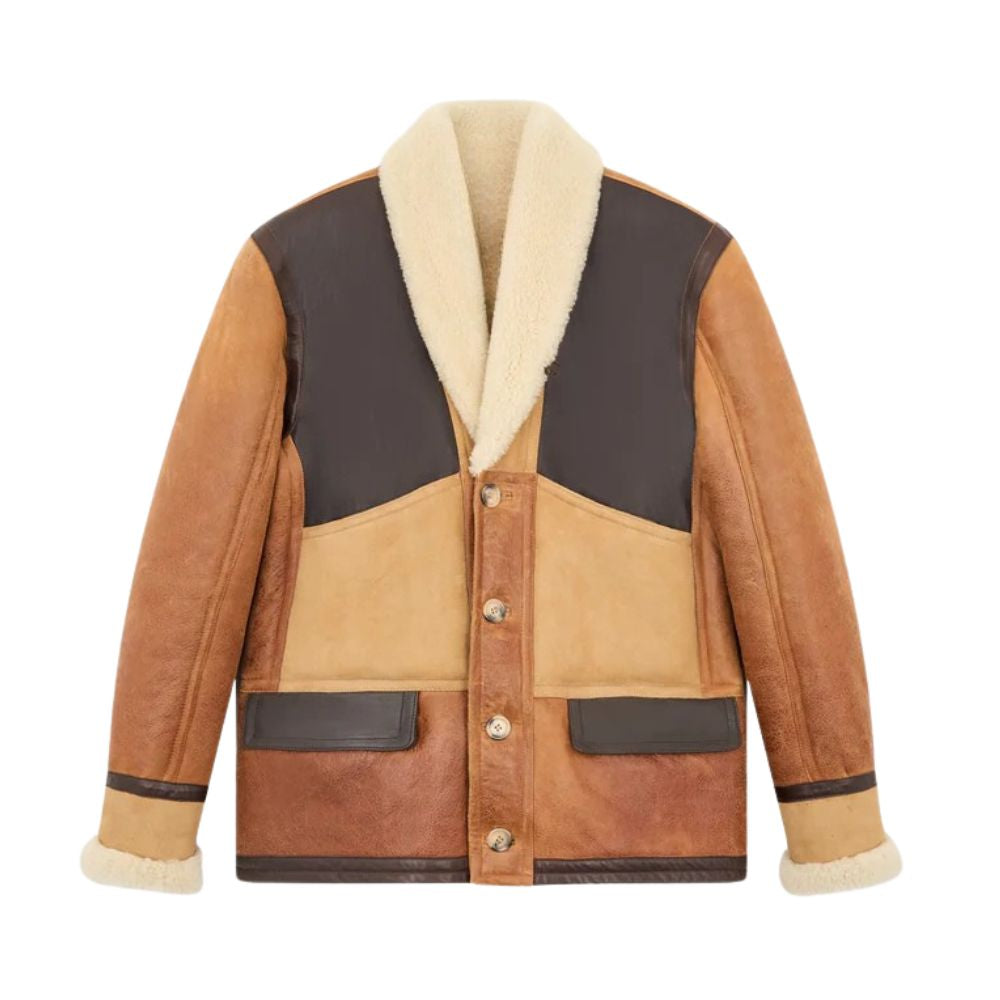 Veste en cuir d’agneau marron pour homme avec doublure sherpa chaude