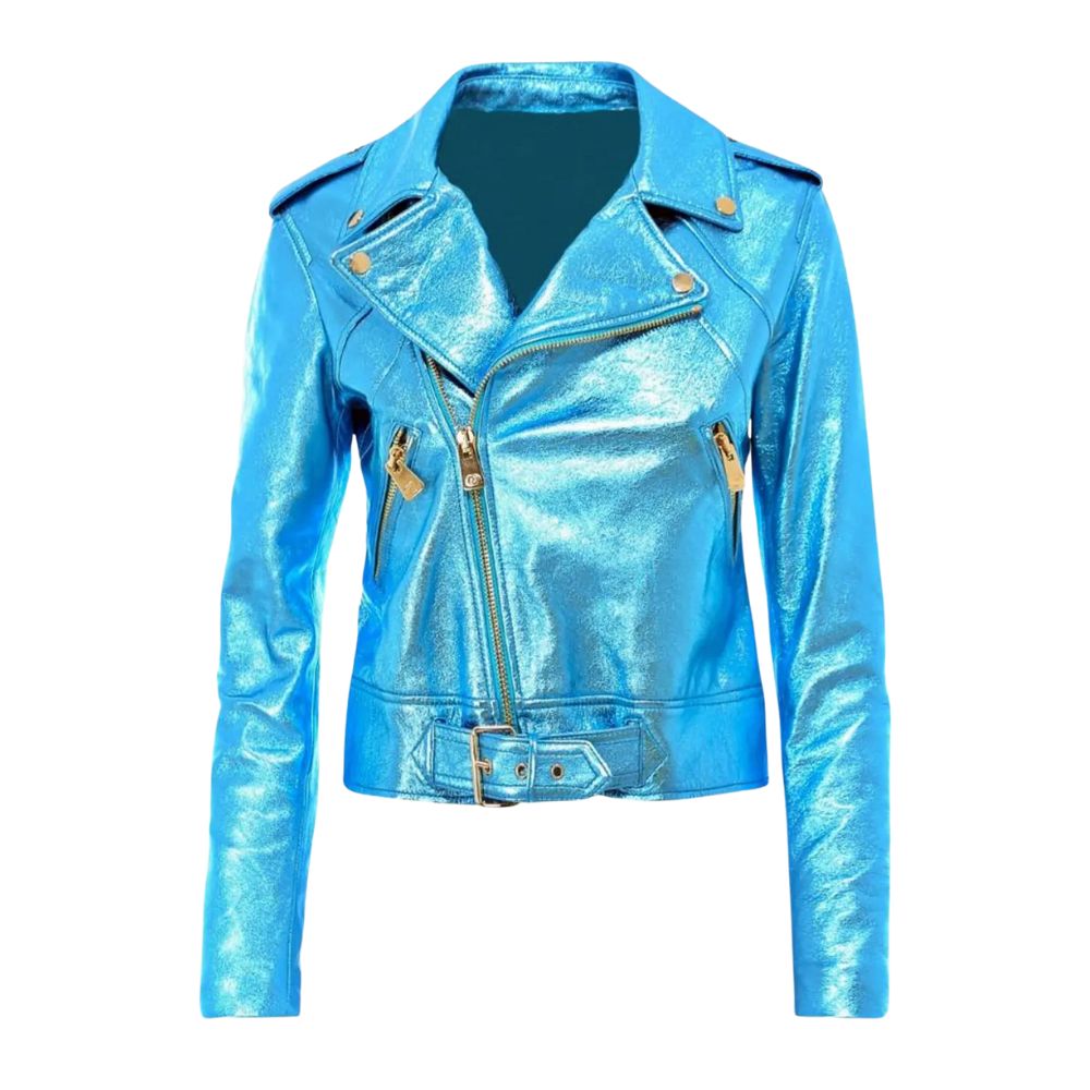 Veste femme style motarde en cuir bleu métallisé