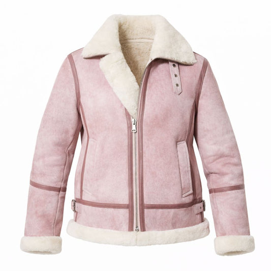 Blouson bombardier femme cuir rose doublé fourrure