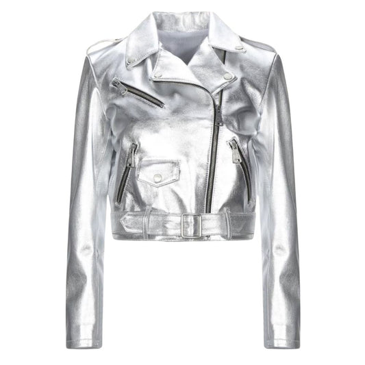 Veste motarde femme cuir argent effet métallisé