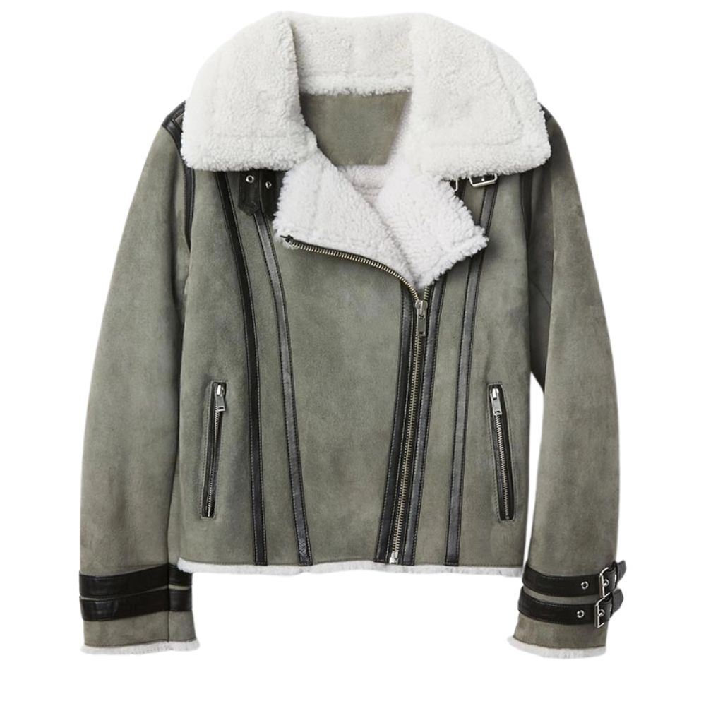 Veste motarde homme suédé vert fourrée sherpa chaude