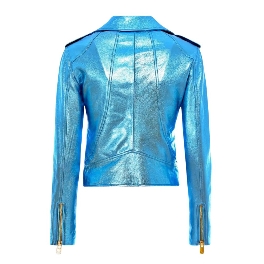 Veste moto cuir bleu femme moderne et brillante