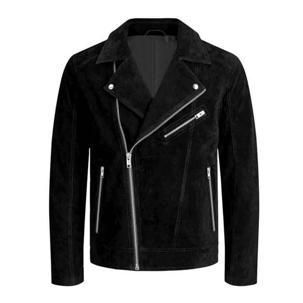 Blouson motard homme suédé noir avec fermeture zippée