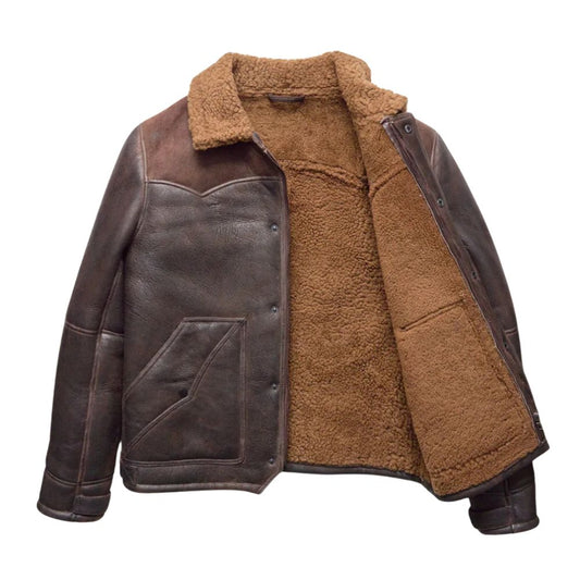 Veste occidental homme en cuir marron avec col en fourrure
