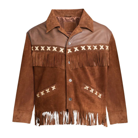 Veste occidentale homme suédée brun à franges