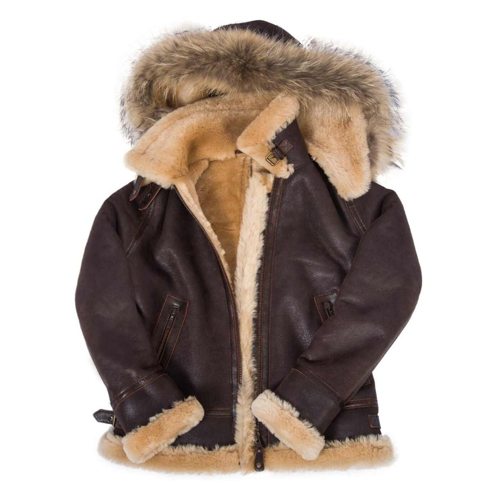 Veste aviateur peau lainée pour l’hiver avec capuche fourrure